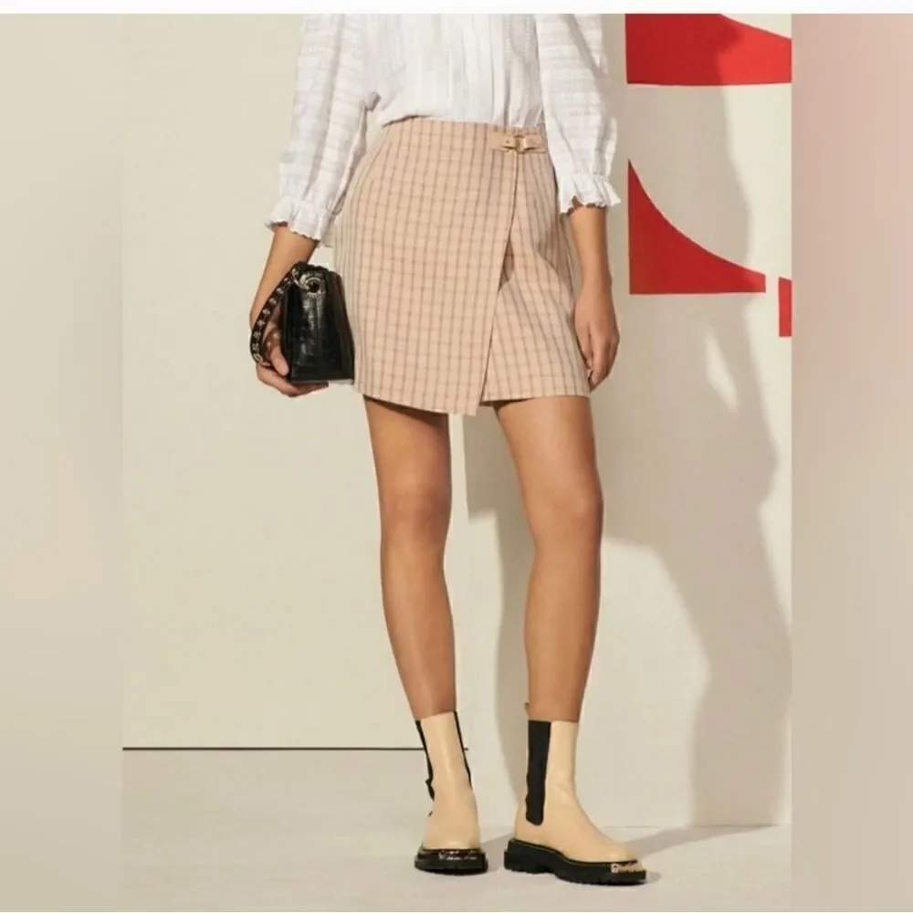 Sandro Paris Womens Nude Meredith Checkered Twill Mini Wrap Skirt Size 2